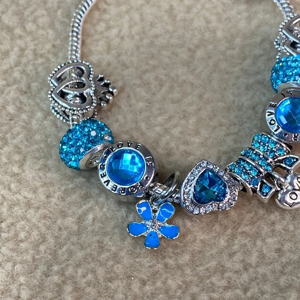 Charm Bracelet Women Blue Heart Flower Crystal Love Forever Snake Chain 7in EUC‎